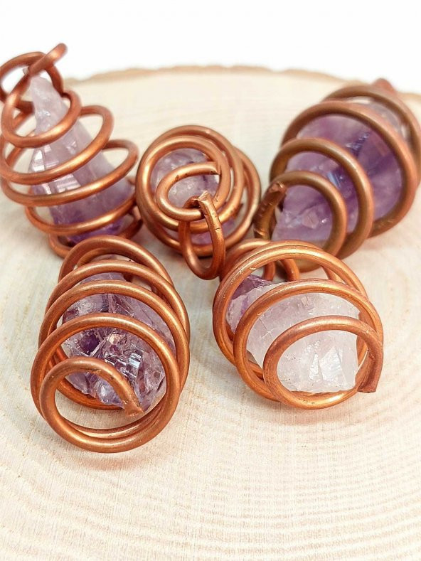 Ametist Taşı Ham Parça Bakır Spiral Otantik Kolye Ucu - 6
