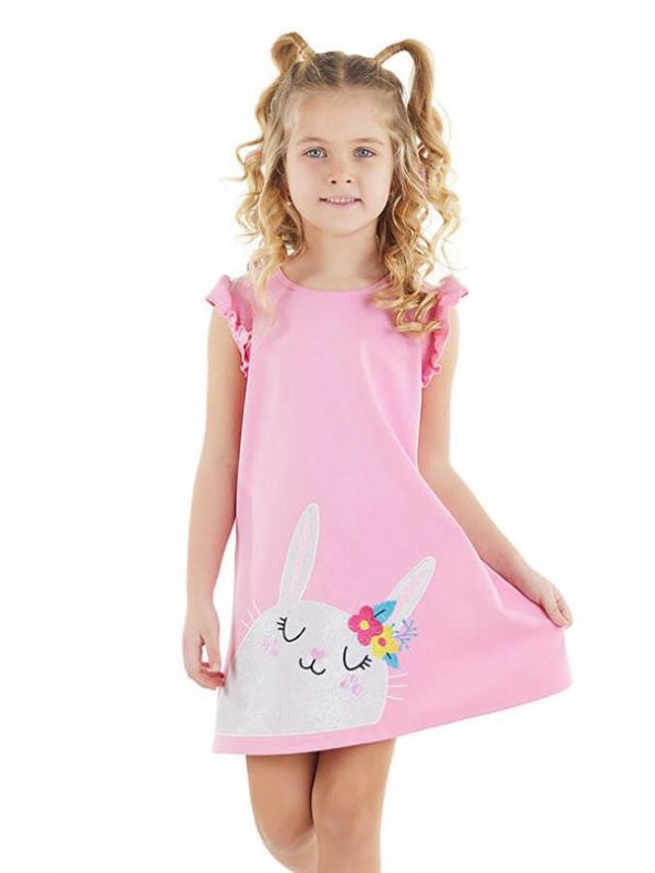 Süslü Tavşan Pembe Kız Çocuk Elbise