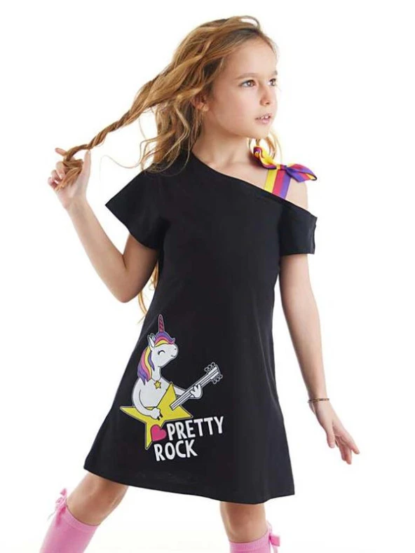Unicorn Rock Siyah Kız Çocuk Elbise