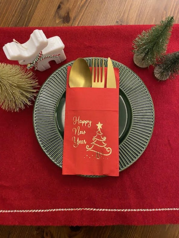 Gold Yaldızlı Kırmızı Happy New Year Çam Ağacı Cepli Peçete 12 lı 40x40 ürün görseli 1