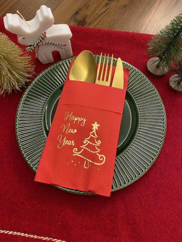 Gold Yaldızlı Kırmızı Happy New Year Çam Ağacı Cepli Peçete 12 lı 40x40 - Resim 2