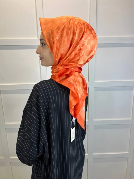 Hint İpek Dama Desenli Monogram Eşarp 00677  ORANGE - 4
