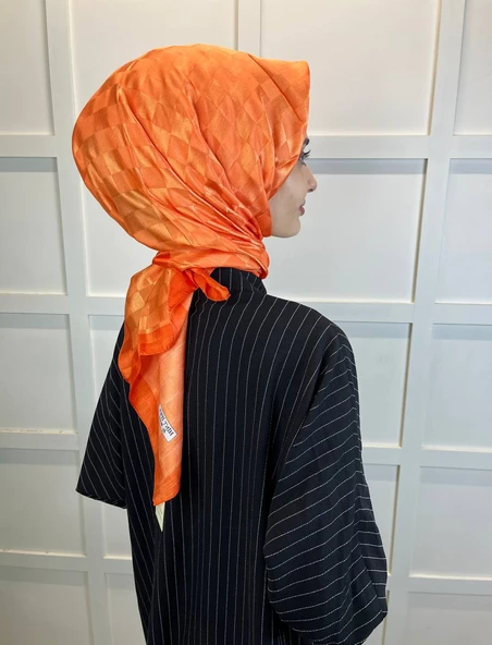 Hint İpek Dama Desenli Monogram Eşarp 00677  ORANGE - 2