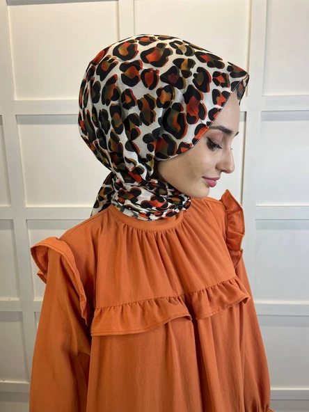 Siyane Scarf Leopar Desenli, Ütü İstemeyen, Pamuklu Şal 00898  KİREMİT