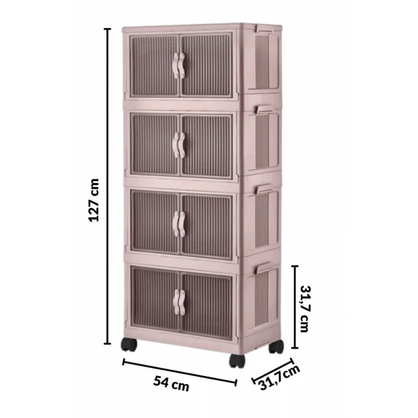 Piev Emayhome Çok Amaçlı Kapaklı Portatif İstiflenebilir Tekerlekli Organizer Dolap 4 Lü Pembe - 5