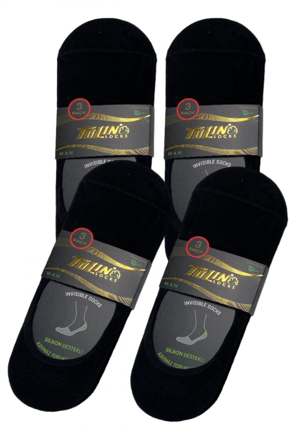 Erkek 12 li Siyah Bambu Babet Çorap Seti Kaymaz Topuklu Görünmez 10400