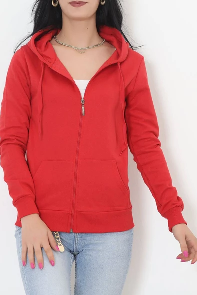 İç Tüylü Kapşonlu Fermuarlı Sweat Kırmızı - 11866.108. - 3