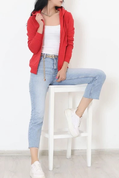 İç Tüylü Kapşonlu Fermuarlı Sweat Kırmızı - 11866.108. - 2