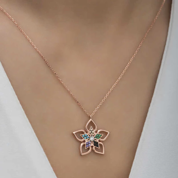 ​Gümüş Rose Renkli Taşlı Çiçek Kadın Kolye SL5476 - Resim 5