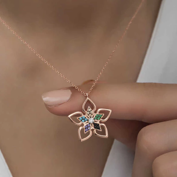 ​Gümüş Rose Renkli Taşlı Çiçek Kadın Kolye SL5476 - Resim 6
