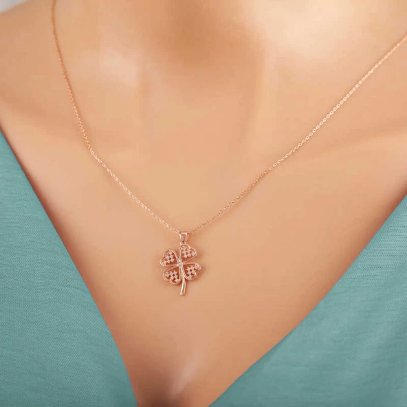 Gümüş Rose Kalpli Dört Yapraklı Yonca Kadın Kolye SL5231 - Resim 4