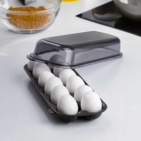 Porsima L-00628 12 Bölmeli Kapaklı Yumurtalık Buzdolabı Yumurta Saklama Kabı - Antrasit Siyah - 1