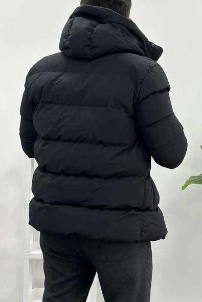 Erkek Slim Fit Kapüşonlu Şişme Mont Siyah Edw008 - 4