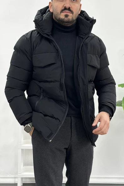 Erkek Slim Fit Kapüşonlu Şişme Mont Siyah Edw008 - 2