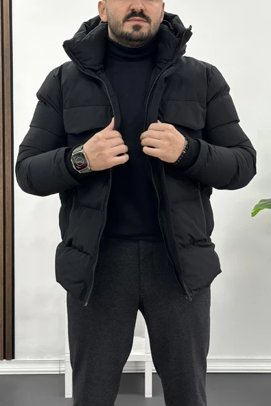 Erkek Slim Fit Kapüşonlu Şişme Mont Siyah Edw008
