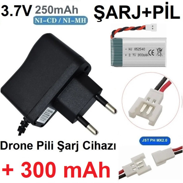 Drone Pili Şarj Cihazı + 300 Mah Pil Jst Ph Mx2.0 Fiş Güç Adaptörü 3.7v 250mah