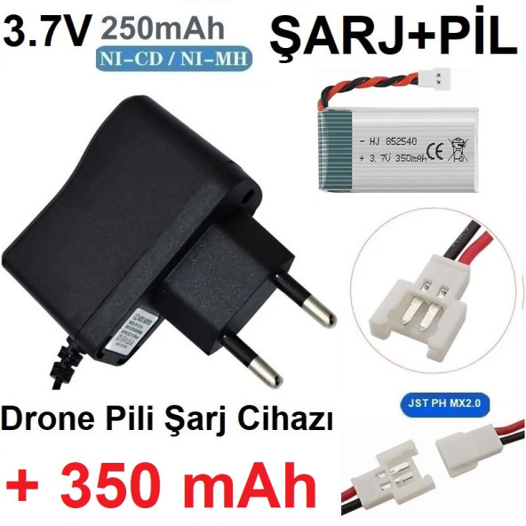 Drone Pili Şarj Cihazı + 350 Mah Pil Jst Ph Mx2.0 Fiş Güç Adaptörü 3.7v 250mah