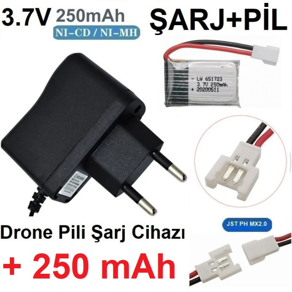 Drone Pili Şarj Cihazı + 250 Mah Pil Jst Ph Mx2.0 Fiş Güç Adaptörü 3.7v 250mah