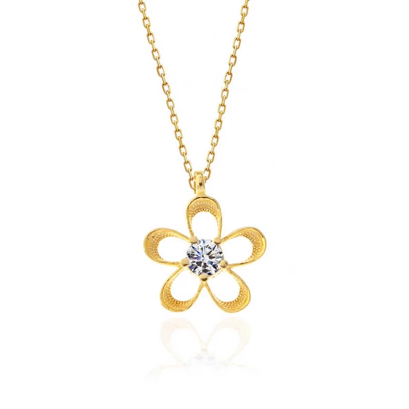 ​Gümüş Gold Zirkon Taşlı Çiçek Kadın Kolye SL5409 - Resim 2
