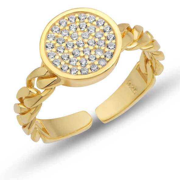 Gümüş Ayarlanabilir Gold Yuvarlak Zirkon Taşlı Kadın Yüzük SL5397