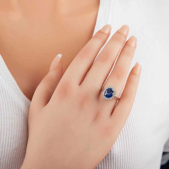 Gümüş Mavi Taşlı Oval Kadın Yüzük SL5371 - Resim 5