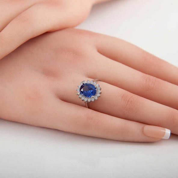 Gümüş Mavi Taşlı Oval Kadın Yüzük SL5371 - Resim 3
