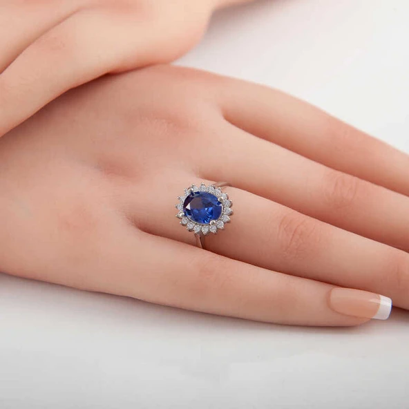 Gümüş Mavi Taşlı Oval Kadın Yüzük SL5371 - Resim 6