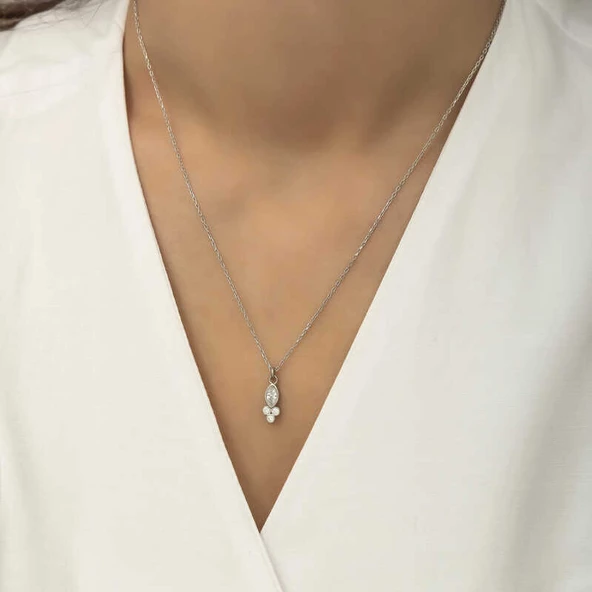 Gümüş Çiğ Damlası Mekik Tektaş Bayan Kolye SL4298 - Resim 4