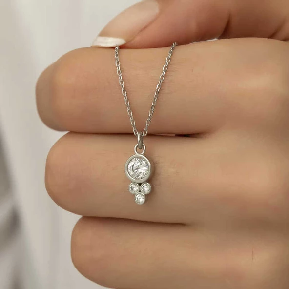 Gümüş Çiğ Damlası Yuvarlak Tektaş Bayan Kolye SL4278 - Resim 6