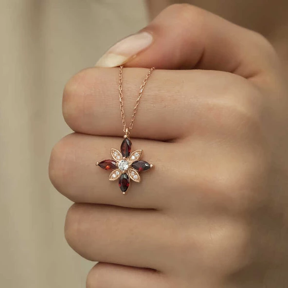 Gümüş Rose Kırmızı Taşlı Umut Çiçeği Kolye SL4313 - Resim 6