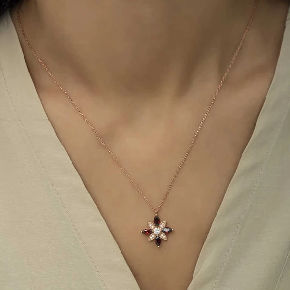 Gümüş Rose Kırmızı Taşlı Umut Çiçeği Kolye SL4313 - Resim 4