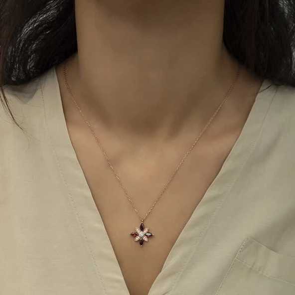 Gümüş Rose Kırmızı Taşlı Umut Çiçeği Kolye SL4313 - Resim 2