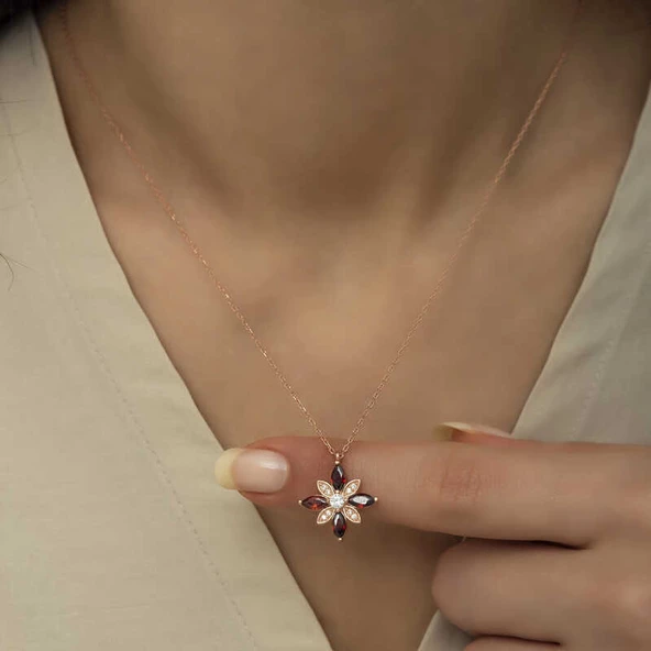 Gümüş Rose Kırmızı Taşlı Umut Çiçeği Kolye SL4313 - Resim 5