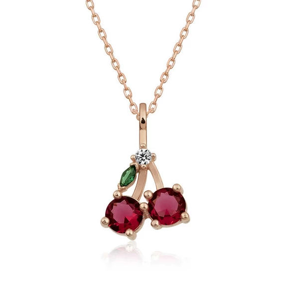 Gümüş Rose Kiraz Figürlü Meyve Kolye SL3858