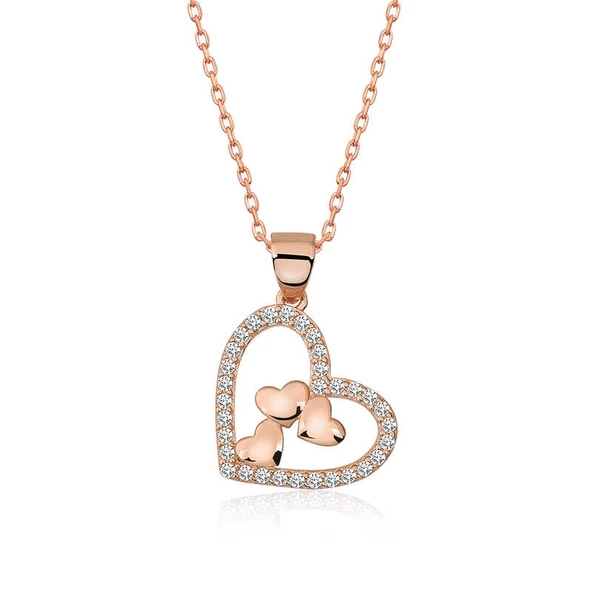 Gümüş Rose Kalbin İçinde Üç Kalp Kolye SL3420 ürün görseli