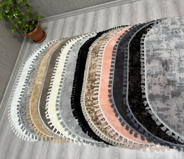 My Evilla Modern Dekoratif Oval Örgü Saçaklı Simirna  Peluş  Halı Yolluk - 12