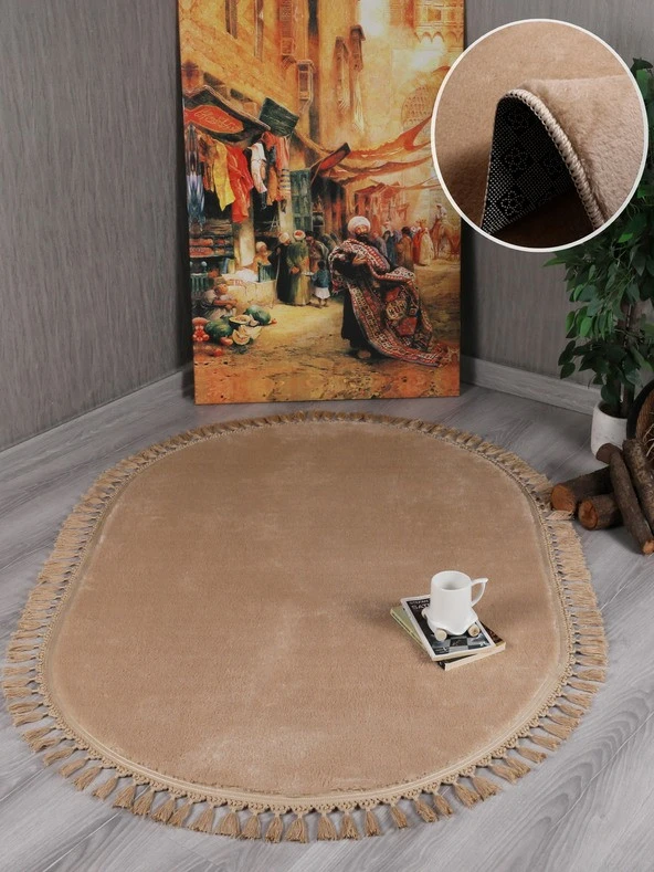 My Evilla Modern Dekoratif Oval Örgü Saçaklı Simirna Peluş Halı Yolluk