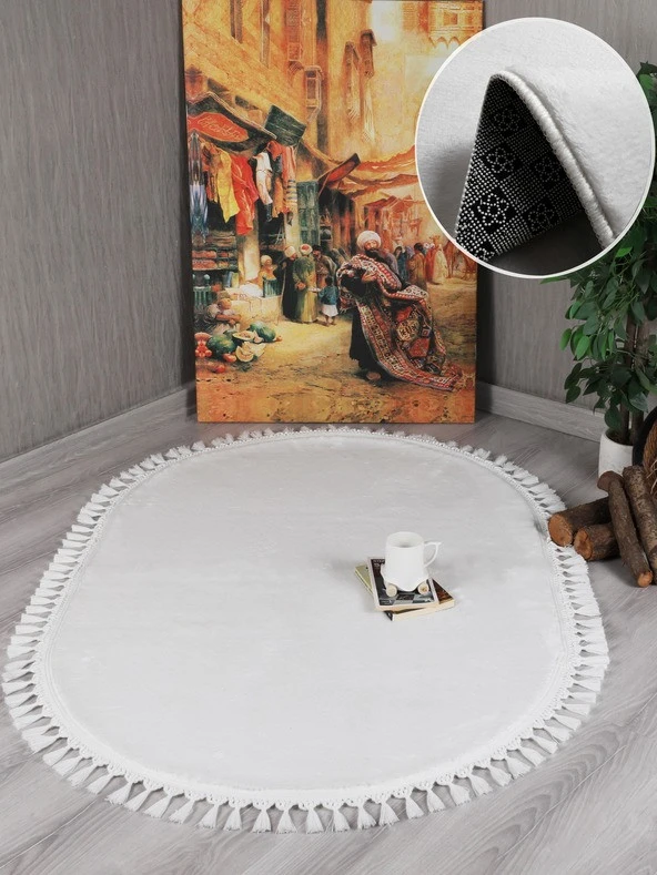 My Evilla Modern Dekoratif Oval Örgü Saçaklı Simirna Peluş Halı Yolluk - 4