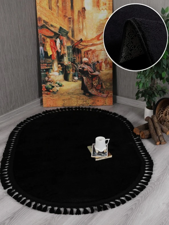My Evilla Modern Dekoratif Oval Örgü Saçaklı Simirna  Peluş  Halı Yolluk - 7
