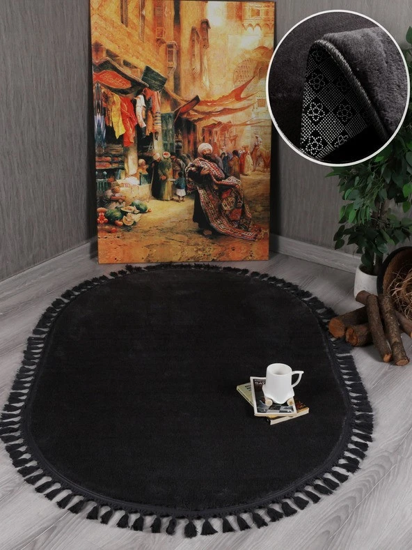 My Evilla Modern Dekoratif Oval Örgü Saçaklı Simirna Peluş Halı Yolluk - 10