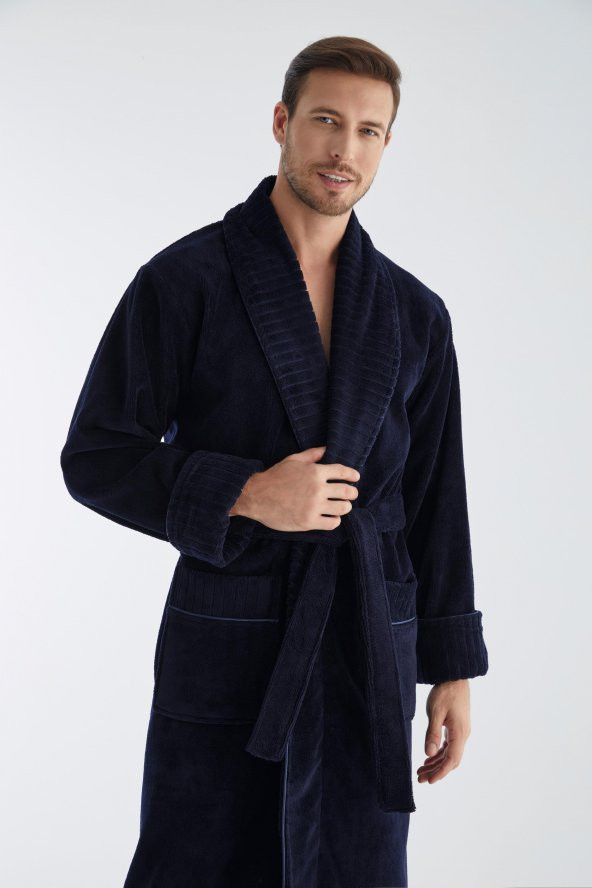 Yaka Fitilli Bambu Cotton Erkek Bornozu - 4