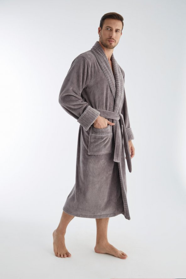 Yaka Fitilli Bambu Cotton Erkek Bornozu - 7