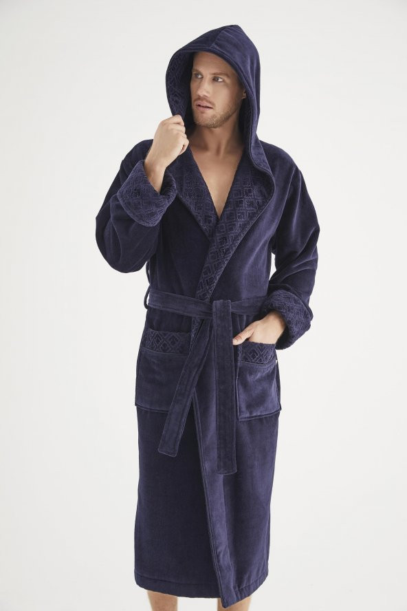 Yaka Jakarlı %100 Cotton Erkek Bornozu - 2