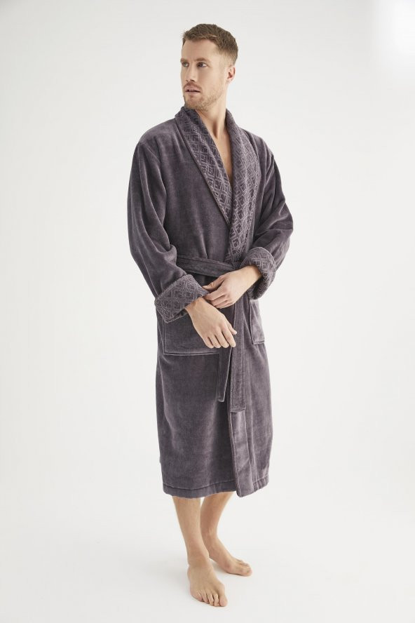 Yaka Jakarlı %100 Cotton Erkek Bornozu - 12