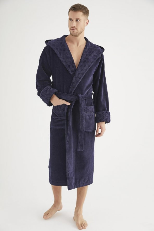 Yaka Jakarlı %100 Cotton Erkek Bornozu - 6