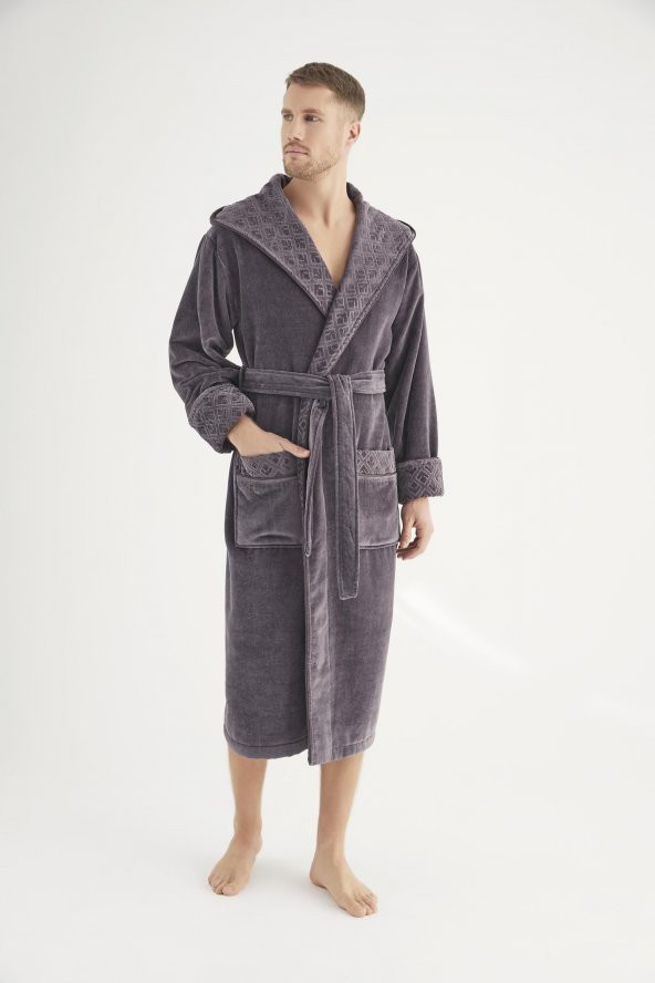 Yaka Jakarlı %100 Cotton Erkek Bornozu - 12