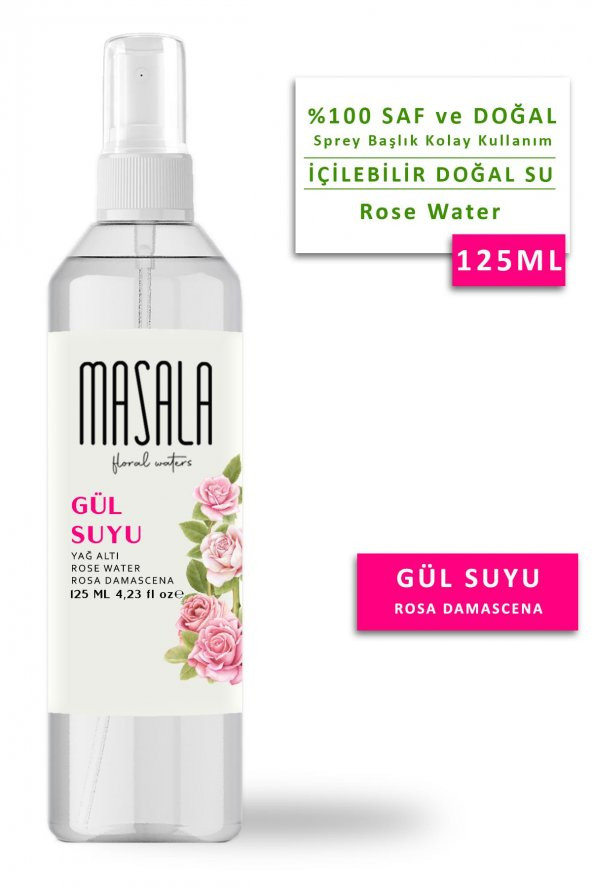 Masala Saf Gül Suyu 125 ml 100 Doğal Yağlı Hidrosol - Tonik Rose Floral Water Hydrosol Tonic