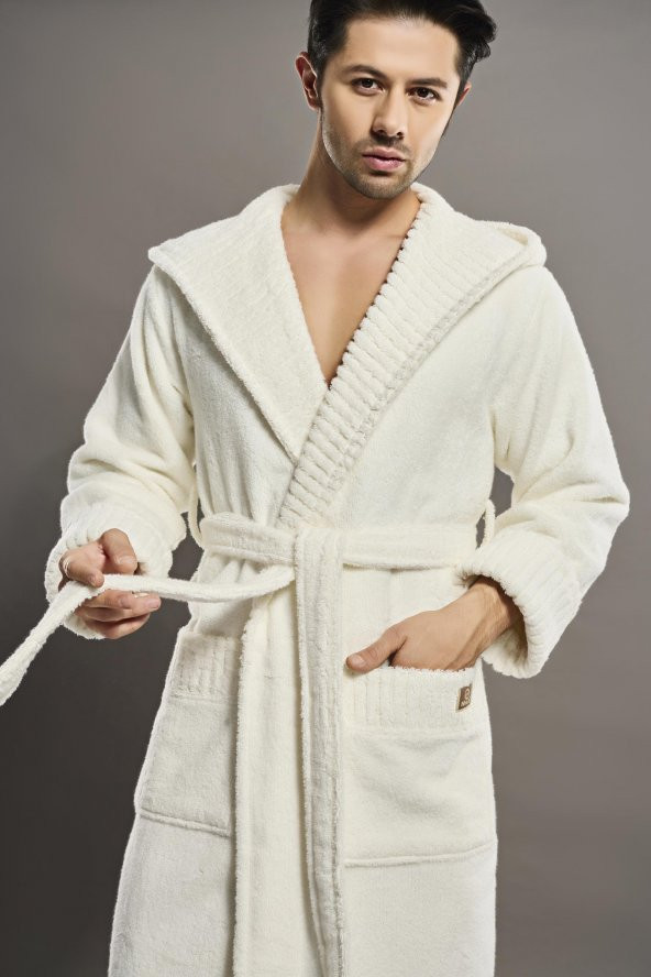 Yaka Fitilli %100 Organik Cotton  Cotton Erkek Bornozu - 4