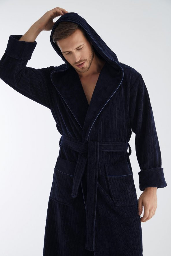Yaka Fitilli Bambu Cotton Erkek Bornozu - 3