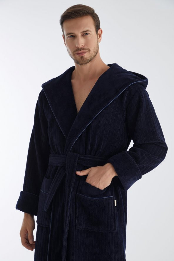 Yaka Fitilli Bambu Cotton Erkek Bornozu - 5